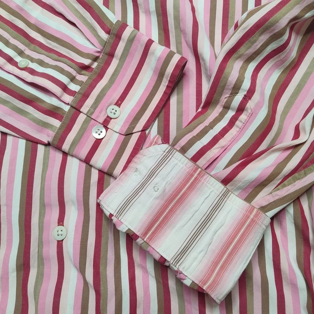 BANANA REPUBLIC Men Large Pink Striped‎ Cotton Flip Cuff Button Shirt